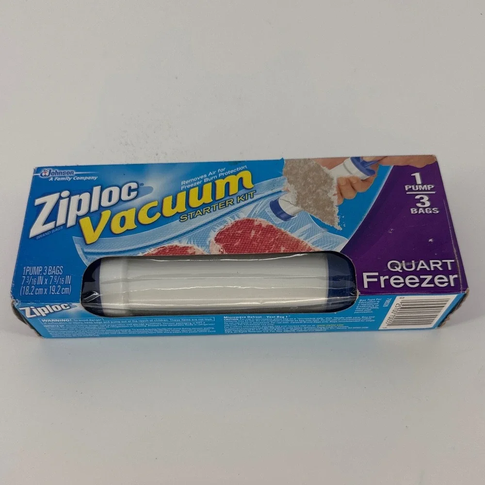 Ziploc 2013 Vacuum Starter Kit Food Storage Quart Blue Manual Pump 3 Bags